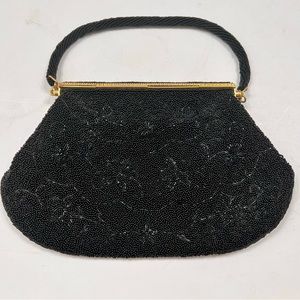 Vintage 40s-50s Black Hand Beaded Purse Handbag & Coin Case Made in‎ HongKong